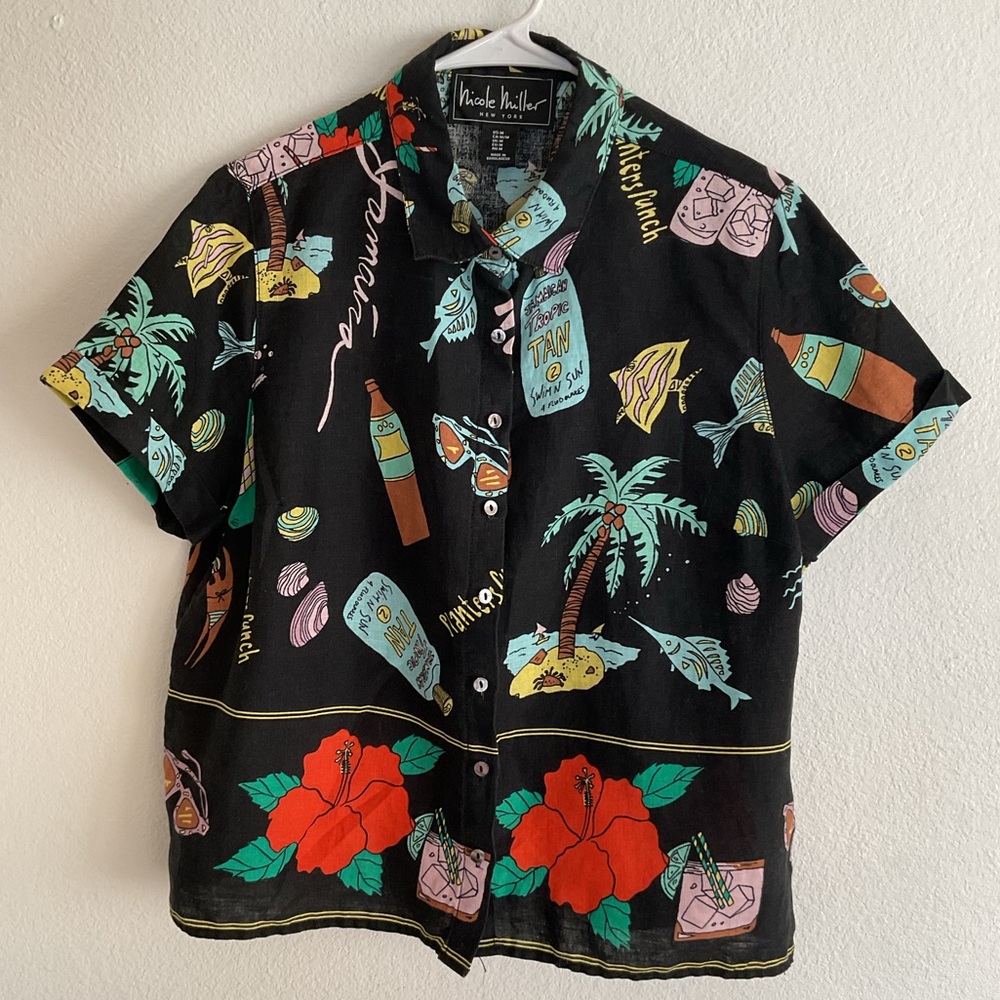 Nicole Miller Linen Tropical Button Up Shirt Cruise Beach